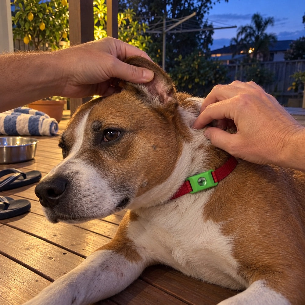 Owner checking behind the dog's ear on the back deck