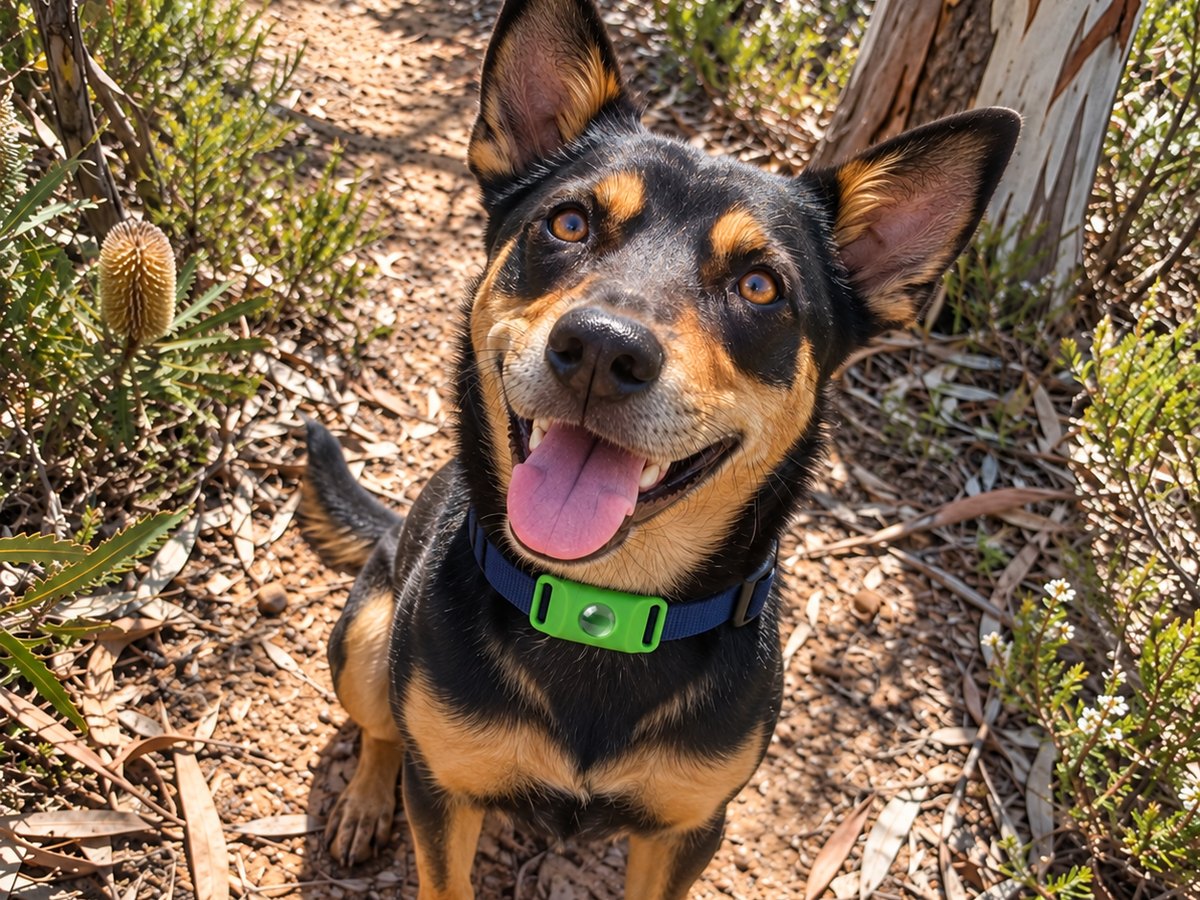 A kelpie on a bush track wearing the green dogcare pendant