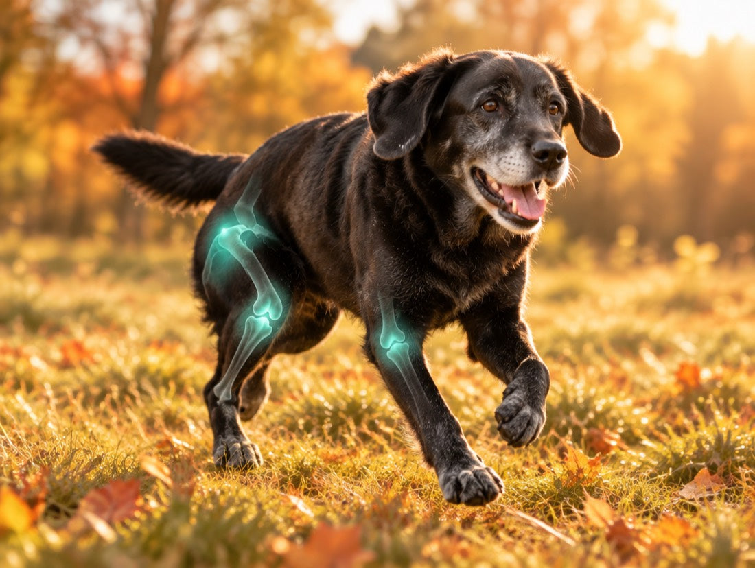 Älterer Labrador läuft fröhlich über eine Herbstwiese, die Gelenke sind grün hervorgehoben