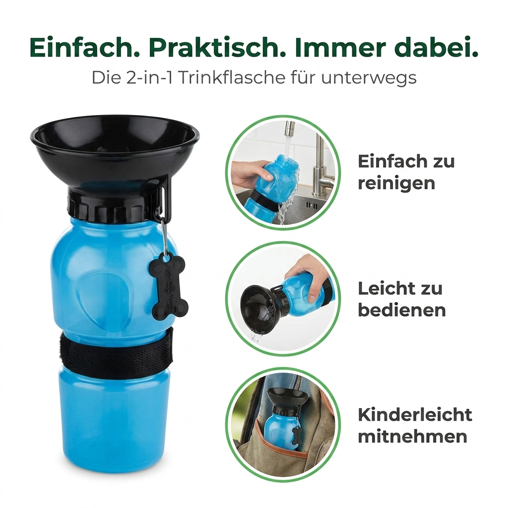 Flofrei® Hunde-Trinkflasche – 2-in-1 Flasche & Napf für unterwegs