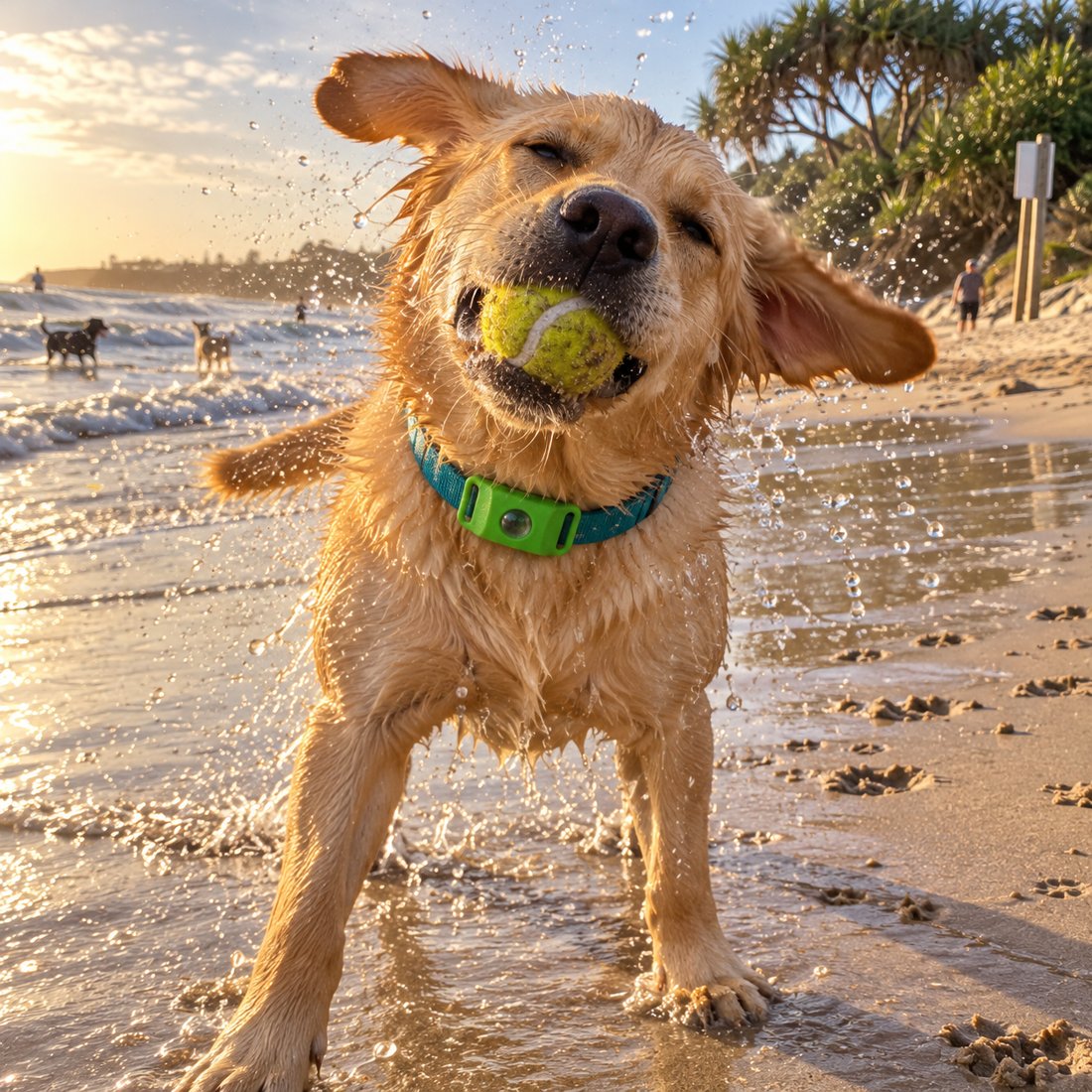A wet golden dog on the beach wearing the pendant
