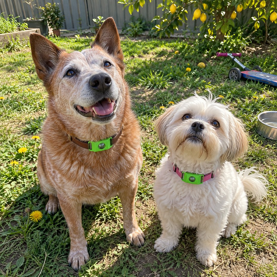 Two dogs in an Australian backyard wearing pendants