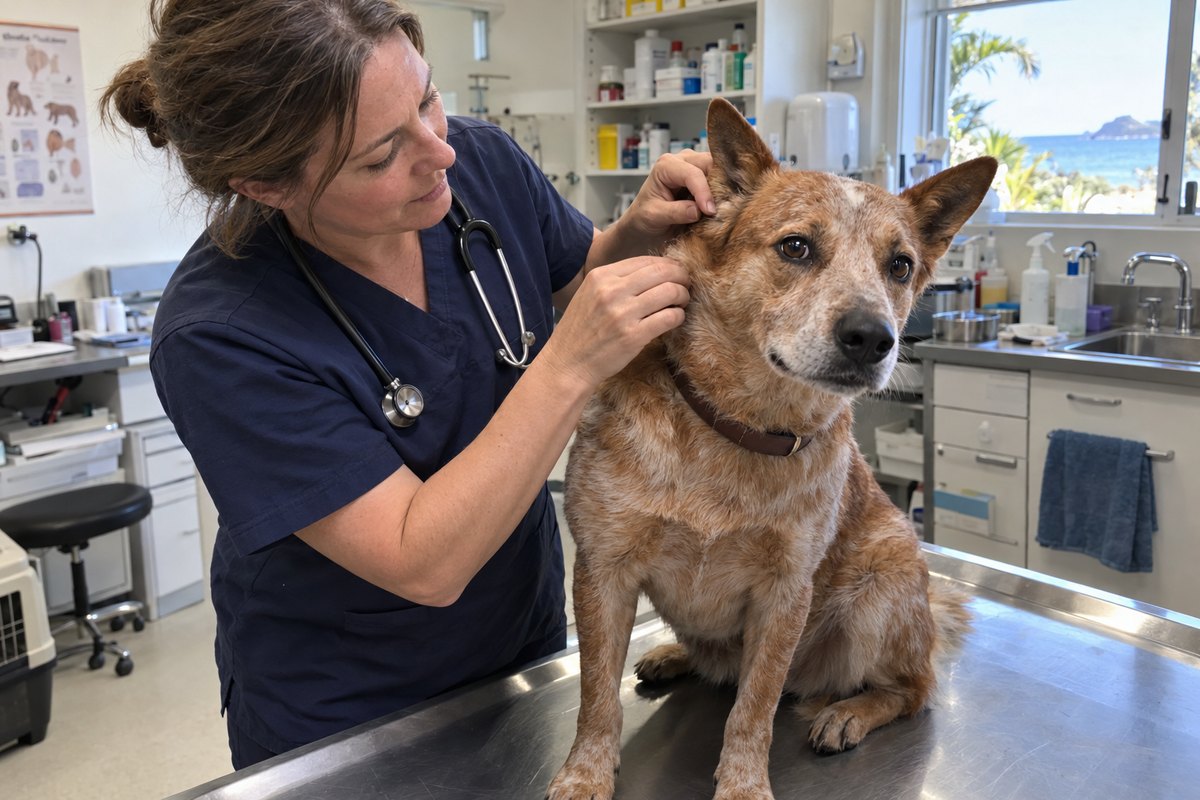 A vet checking behind a cattle dog's ear for paralysis ticks