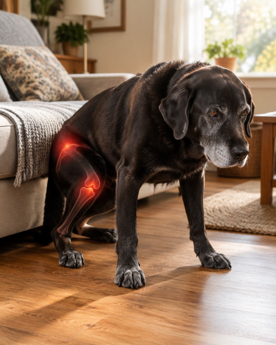 Älterer Labrador drückt sich mühsam vom Boden hoch, Hüfte und Knie sind markiert