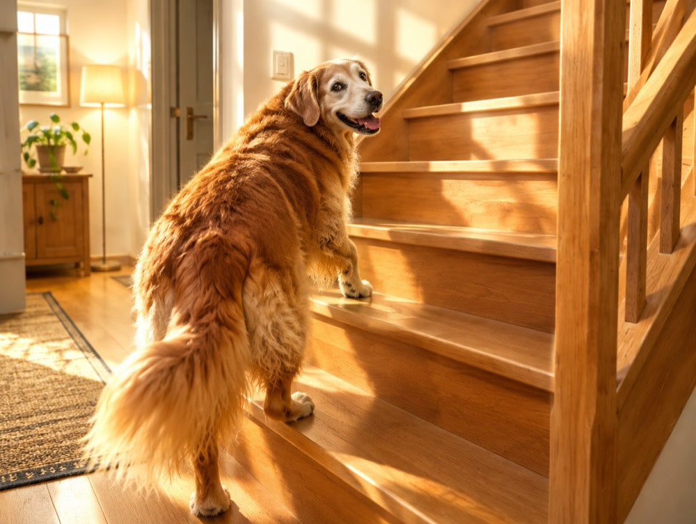 Älterer Golden Retriever läuft morgens munter die Treppe hinauf
