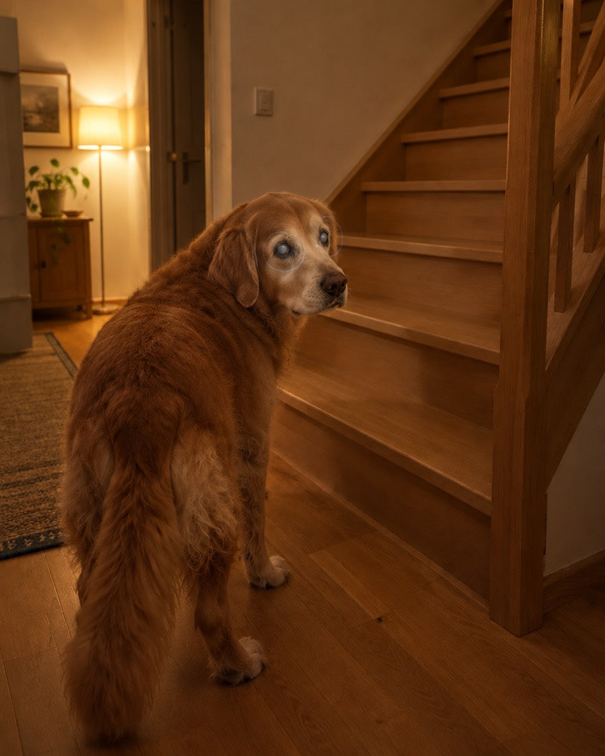 Älterer Golden Retriever zögert abends an der Treppe, seine Augen wirken trüb